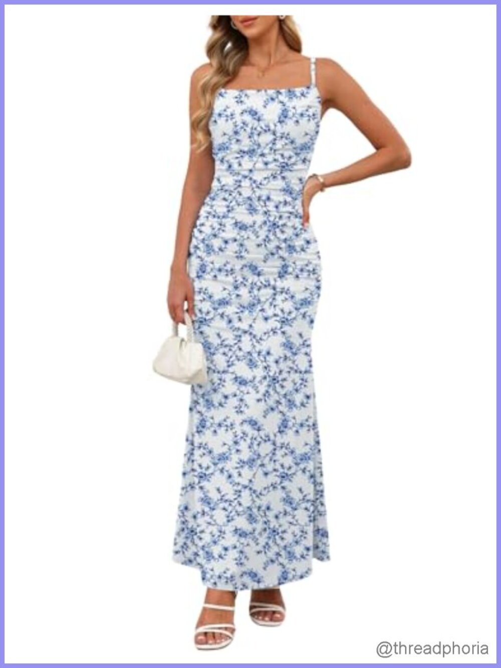 Spaghetti Strap Ruched Bodycon Maxi Dress Square Neck Floral